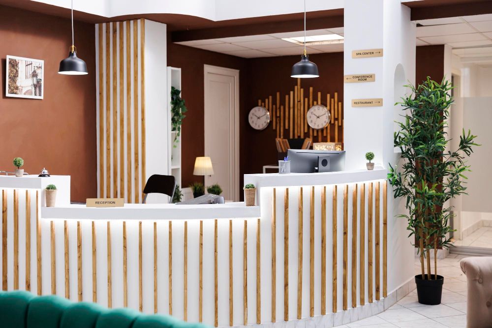 This is an image of biophilic office reception design.